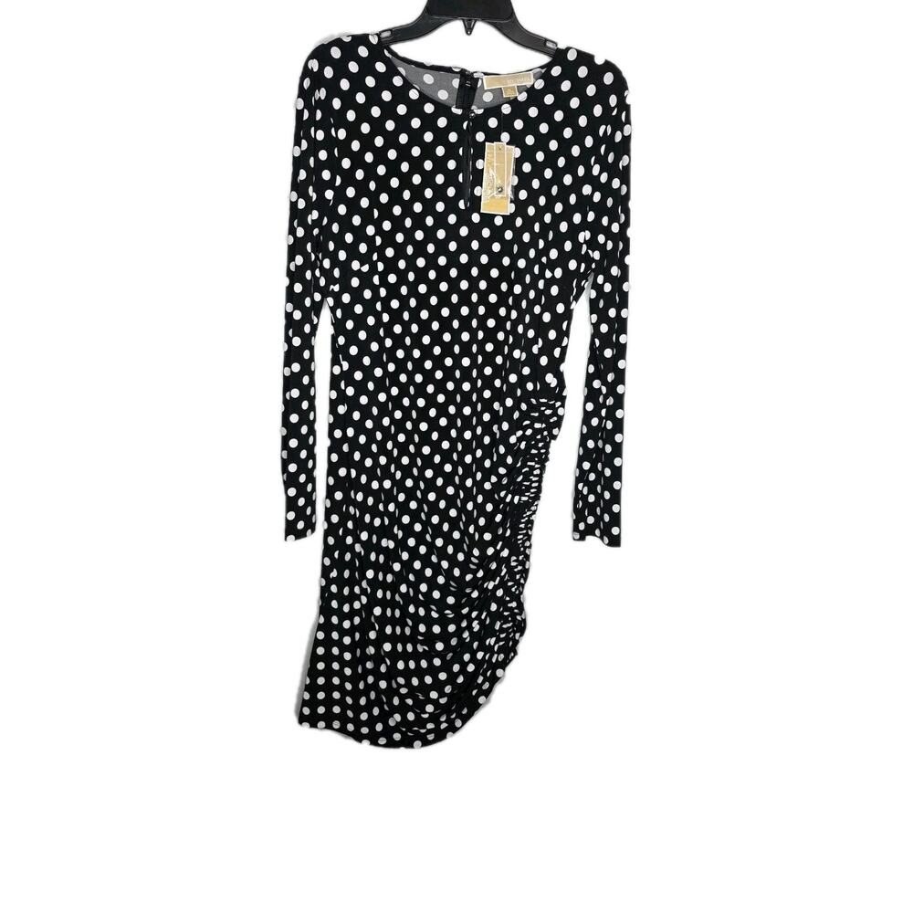 Michael Kors Womens XL Black White Polka Dot Ruched Side Long Sleeve Dress Midi